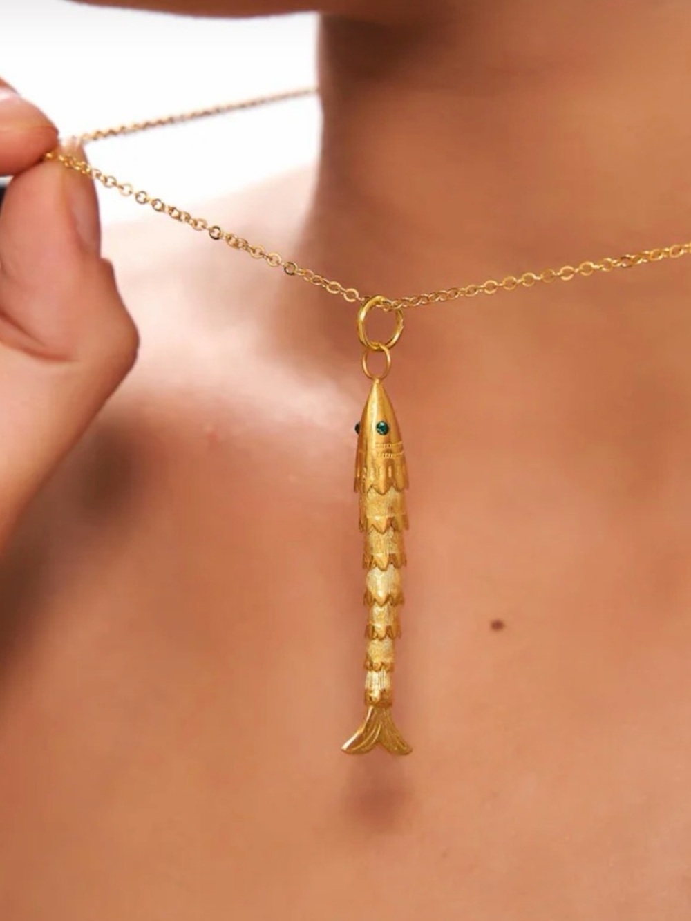 18K Gold Plated Sea Fish Pendant Necklace: Articulated Design, Gemstone Eye